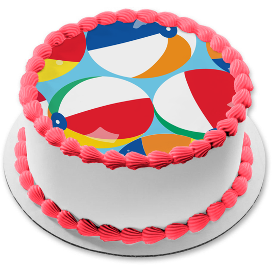 Colorful Beach Balls Blue Background Edible Cake Topper Image ABPID13478
