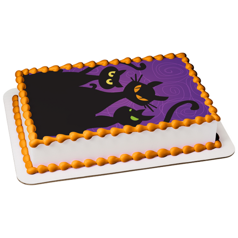 Happy Halloween Black Cats Purple Swirl Background Edible Cake Topper Image ABPID13479