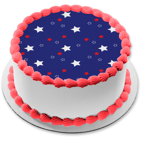 White Red Stars Pattern Blue Background Edible Cake Topper Image ABPID13483