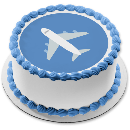 Adorno comestible para tarta con fondo azul, avión blanco, viaje de dibujos animados, imagen ABPID15491 