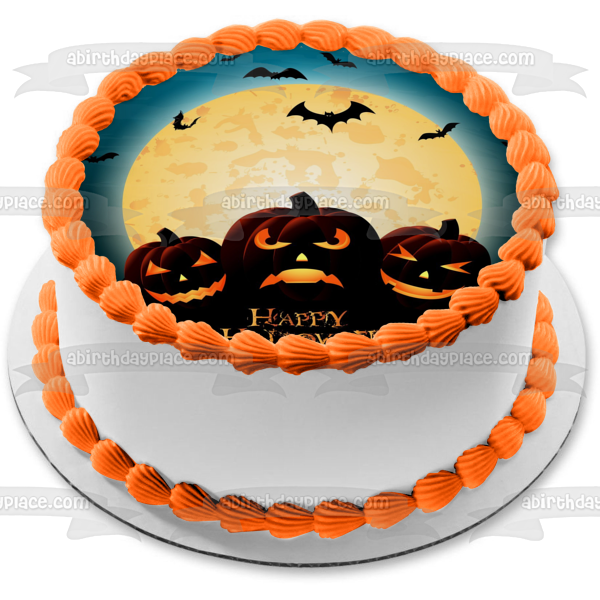 Happy Halloween Scary Pumpkins Bats Moon Edible Cake Topper Image ABPID15521
