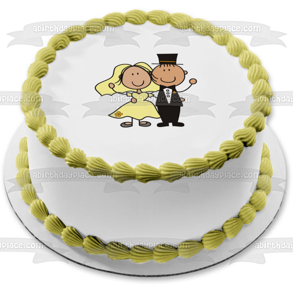 Cartoon Wedding Couple Bride Groom Edible Cake Topper Image ABPID15285