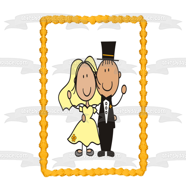 Cartoon Wedding Couple Bride Groom Edible Cake Topper Image ABPID15285