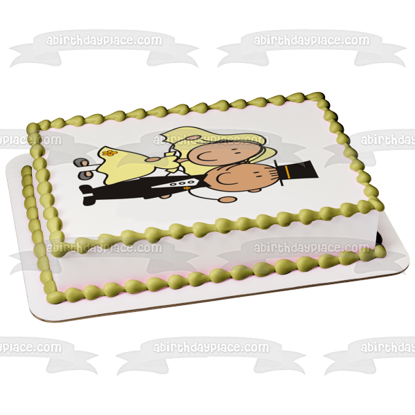 Cartoon Wedding Couple Bride Groom Edible Cake Topper Image ABPID15285