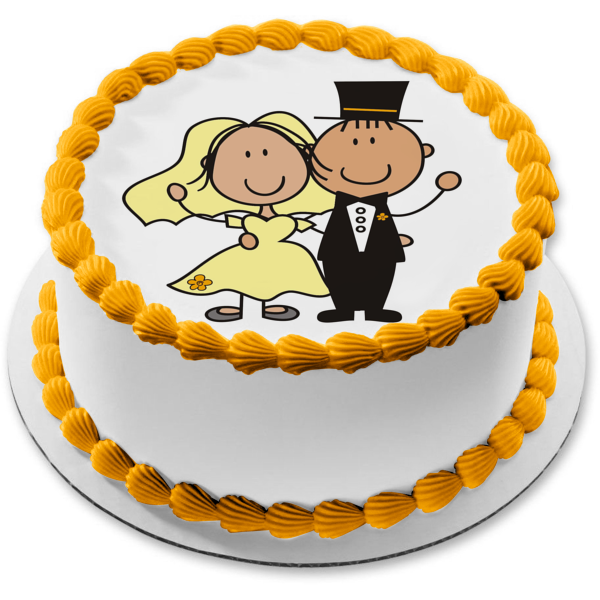 Cartoon Wedding Couple Bride Groom Edible Cake Topper Image ABPID15285