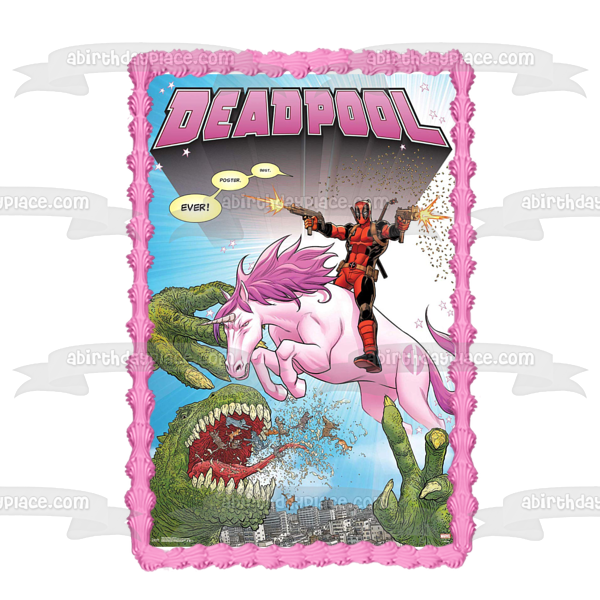 Deadpool Riding Purple Horse and Shooting at a Green Dinosaur Edible Cake Topper Image ABPID21780