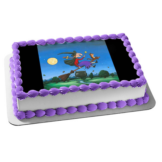 Happy Halloween Cartoon Witch Cat Broomstick Edible Cake Topper Image ABPID22000
