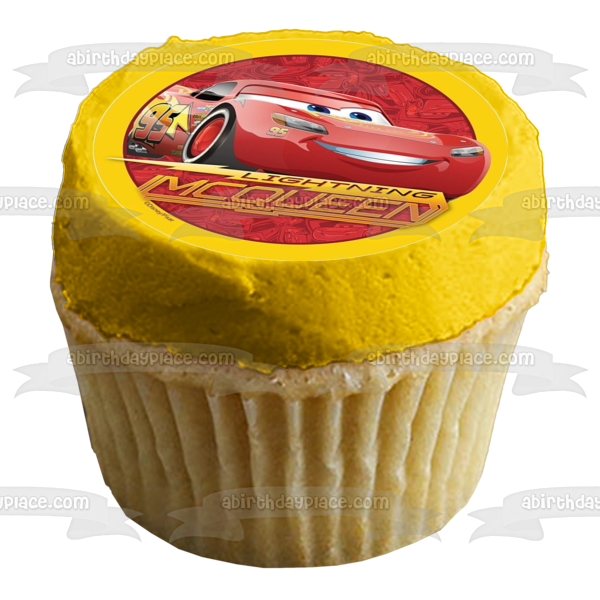 Cars Lightening McQueen Red Background Yellow Edge Edible Cake Topper Image ABPID21803