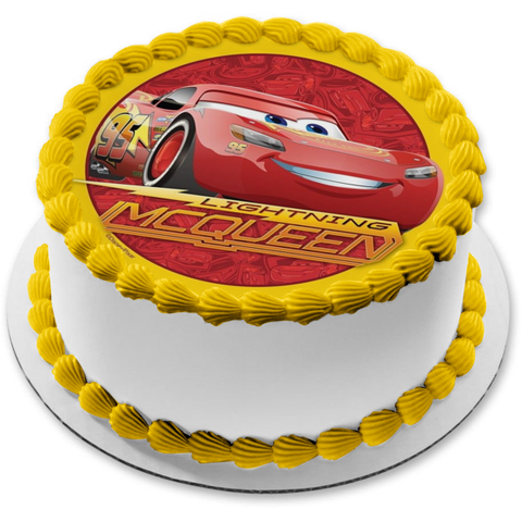 Cars Lightening McQueen Red Background Yellow Edge Edible Cake Topper Image ABPID21803