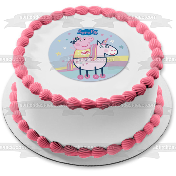 Peppa Pig Riding Unicorn Stars Rainbow Edible Cake Topper Image ABPID21809