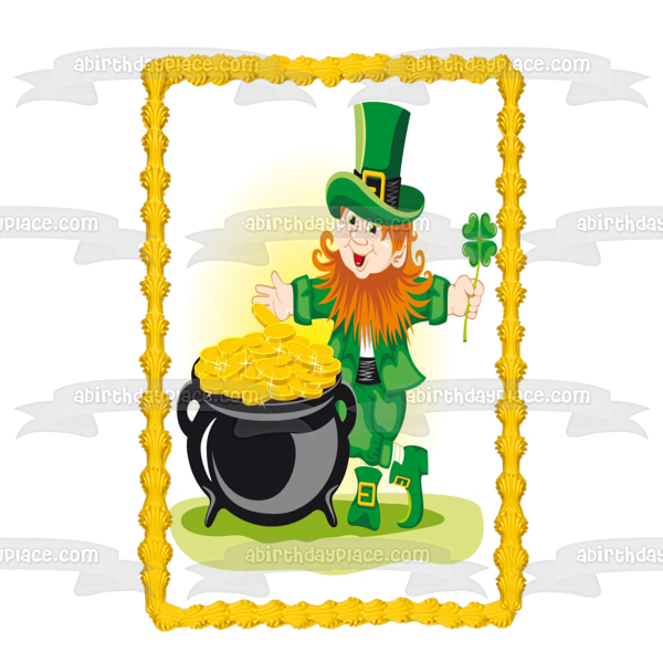 St. Patricks Day Cartoon Leprechaun Pot of Gold 4 Leaf Clover Edible Cake Topper Image ABPID22063