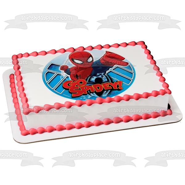 Marvel Spider-Man Jumping Go Spidey Blue Background Edible Cake Topper Image ABPID21883