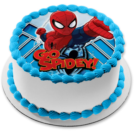 Marvel Spider-Man Jumping Go Spidey Blue Background Edible Cake Topper Image ABPID21883