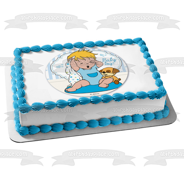 Baby Boy Cartoon Toy Puppy Blue Hearts Edible Cake Topper Image ABPID22104