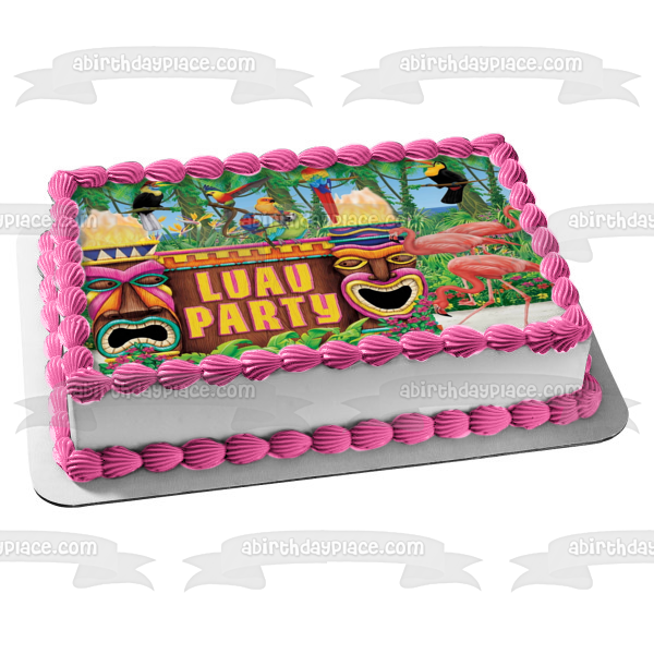Hawaiian Luau Party Flamingos Parrots Tikis Edible Cake Topper Image ABPID22120