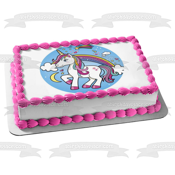 Unicornio, arcoíris, nubes, luna, estrellas azules, fondo, decoración comestible para tarta, imagen ABPID21909 