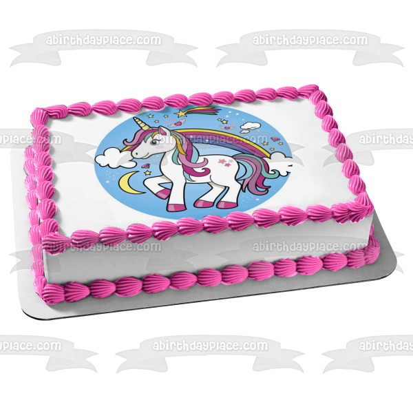 Unicorn Rainbow Clouds Moon Blue Stars Background Edible Cake Topper Image ABPID21909