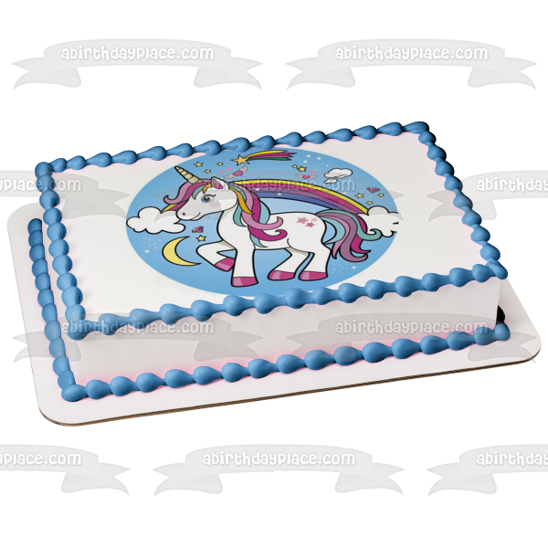 Unicornio, arcoíris, nubes, luna, estrellas azules, fondo, decoración comestible para tarta, imagen ABPID21909 