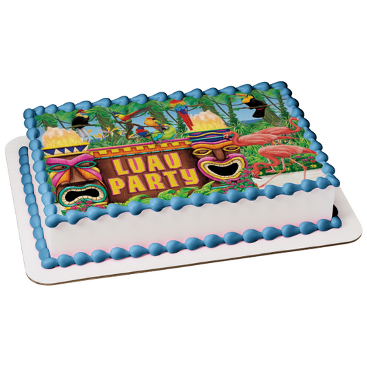 Hawaiian Luau Party Flamingos Parrots Tikis Edible Cake Topper Image ABPID22120