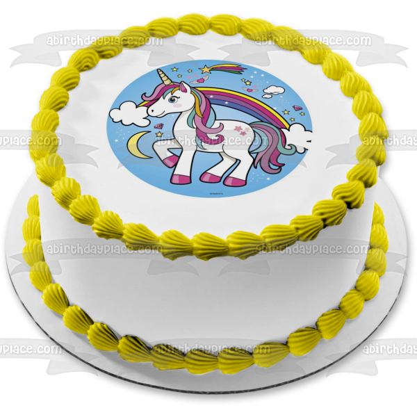 Unicornio, arcoíris, nubes, luna, estrellas azules, fondo, decoración comestible para tarta, imagen ABPID21909 
