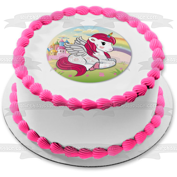 Unicorn Cartoon Pink Hair Rainbow Horn Castle Edible Cake Topper Image ABPID22133