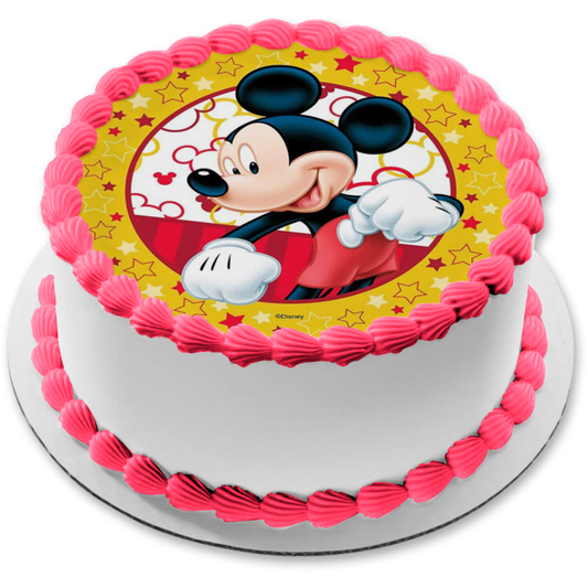 Imagen comestible para decoración de tarta con fondo amarillo de estrellas de Mickey Mouse de Disney ABPID22139 