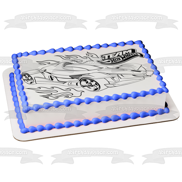 Team Hot Wheels Car Drawing Black and White Edible Cake Topper Image ABPID21928