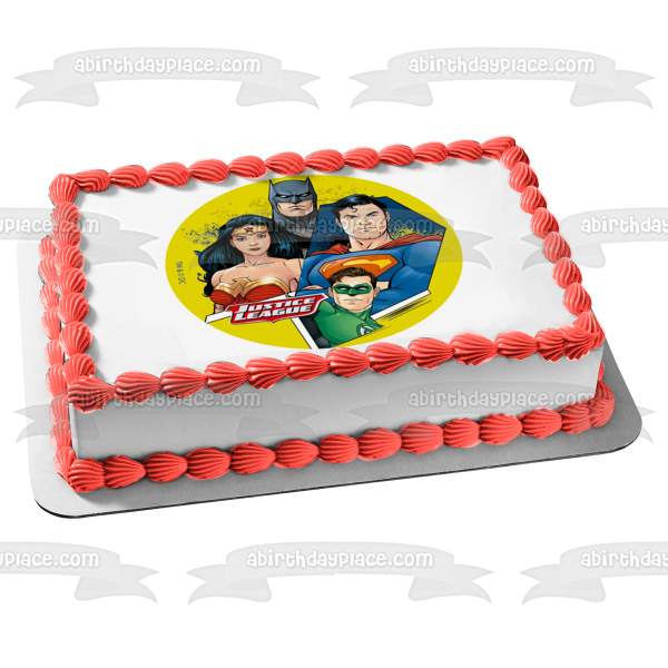 Justice League Superman Green Lantern Wonder Woman Batman Yellow Background Edible Cake Topper Image ABPID21930