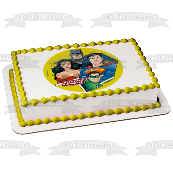 Justice League Superman Green Lantern Wonder Woman Batman Yellow Background Edible Cake Topper Image ABPID21930