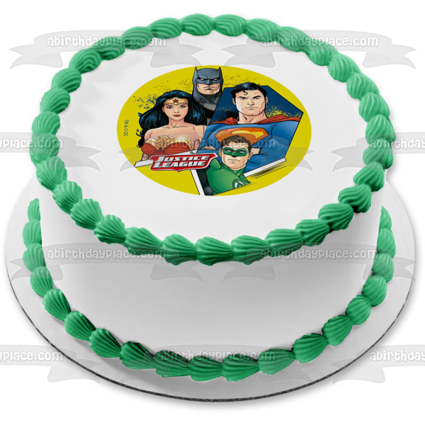 Justice League Superman Green Lantern Wonder Woman Batman Yellow Background Edible Cake Topper Image ABPID21930