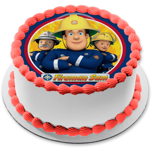 Fireman Sam Co-Workers Fire Flames Background Edible Cake Topper Image ABPID21938