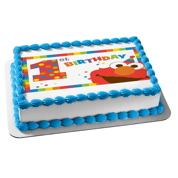 Sesame Street Elmo Happy 1st Birthday Stars Party Hat Edible Cake Topper Image ABPID22166