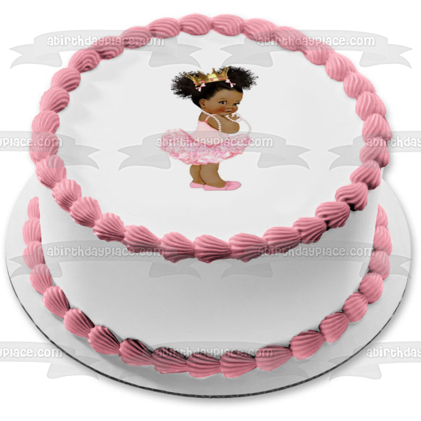African American Baby Girl Ballerina Dress and Shoes Gold Crown Edible Cake Topper Image ABPID22326