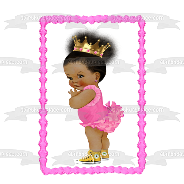 African American Baby Girl Pink Ballerina Outfit Gold Crown Yellow Converse Sneakers Edible Cake Topper Image ABPID22382