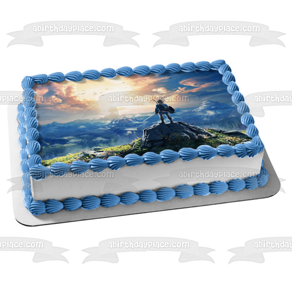Legends of Zelda Breath of the Wild Link on Top of a Mountain Edible Cake Topper Image ABPID22515