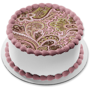 Pink and Brown Paisley Pattern Edible Cake Topper Image ABPID24418