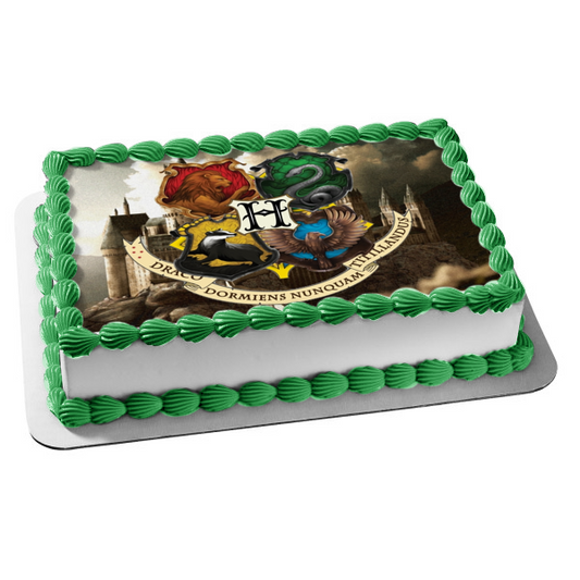 Harry Potter Hogwarts Castle Emblems Gryffindor Slytherin Ravenclaw Hufflepuff Edible Cake Topper Image ABPID24429
