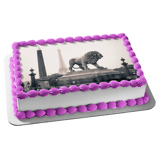 Paris Lion Statue Black and White Edible Cake Topper Image ABPID25017