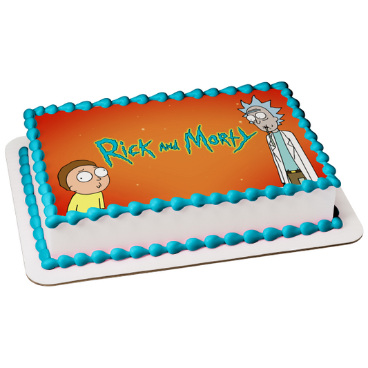 Rick y Morty Rick Sanchez Morty Smith Fondo naranja Imagen comestible para decoración de tarta ABPID27082 