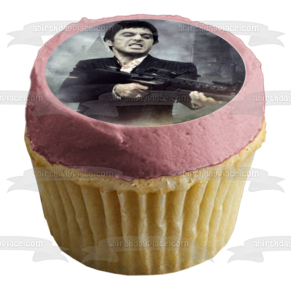Scarface Al Pacino Tony Montana Machine Gun City Buildings Edible Cake Topper Image ABPID27138