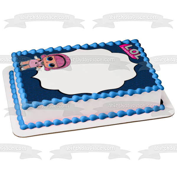 LOL Surprise Madame Queen Fondo de rayas negras y azules Marco de imagen comestible para decoración de tarta ABPID27167 