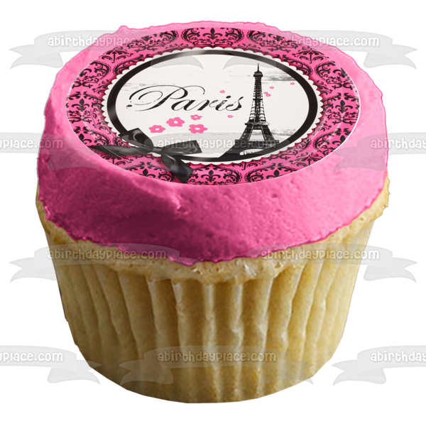 Paris Eiffel Tower Pink Background with a  Black Bow Edible Cake Topper Image ABPID05661