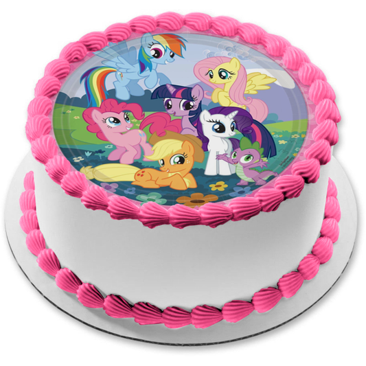 Adorno comestible para tarta My Little Pony Rainbow Dash Fluttershy Pinkie Pie y flores Imagen ABPID03777 
