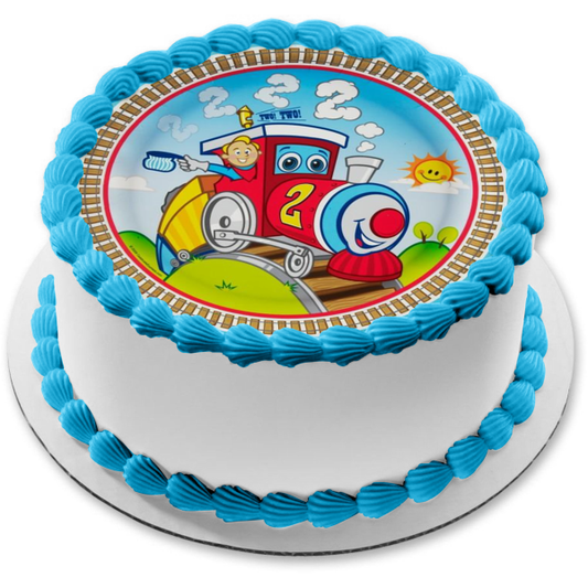 Feliz segundo cumpleaños conductor de tren adorno comestible para tarta imagen ABPID05716 