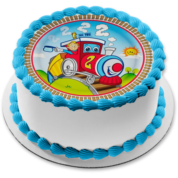 Happy 2nd Birthday Train Conductor Edible Cake Topper Image ABPID05716