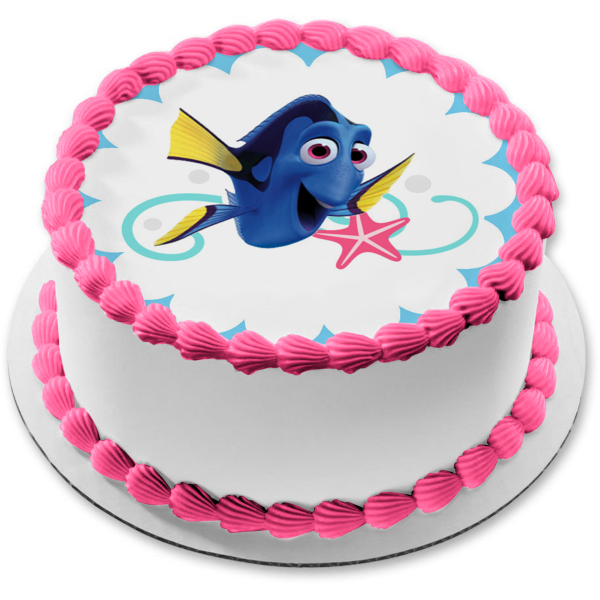 Adorno comestible para tarta festoneado de Buscando a Nemo, Dory y una estrella de mar, imagen ABPID04039 