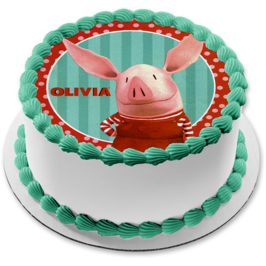 Olivia the Pig Blue Stripes Red Polka Dots Edible Cake Topper Image ABPID04066