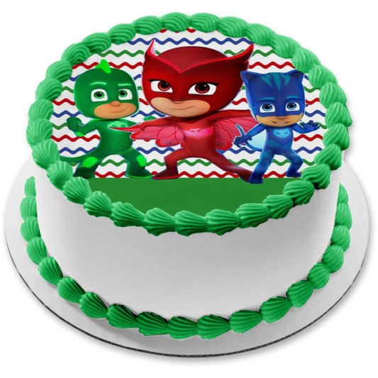 Pj Masks Cat Boy Gekko y Owlette Fondo rojo azul verde Imagen comestible para decoración de tarta ABPID04187 