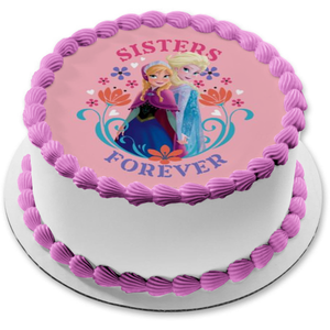 Frozen Anna Elsa Sisters Forever with Flowers Edible Cake Topper Image ABPID04995