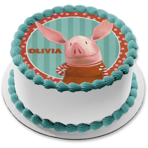 Olivia Piglet with a Blue Striped Background Edible Cake Topper Image ABPID07245